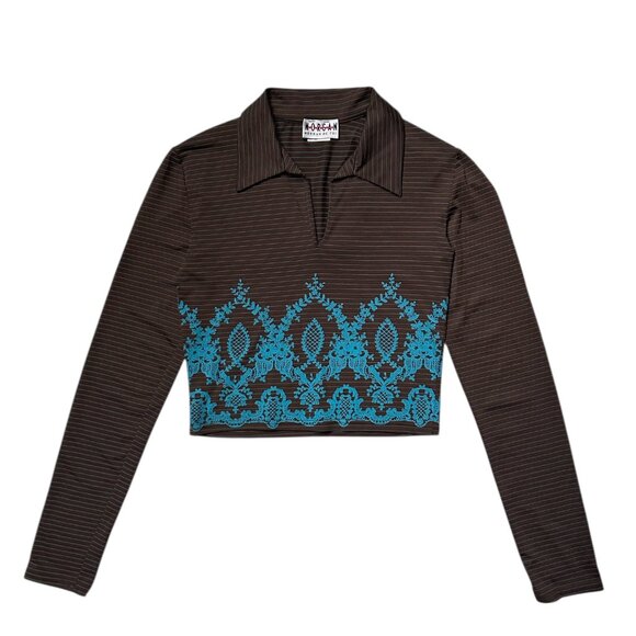 90s vintage morgan de toi crop shirt stripe pattern polo collar long sleeve y2k. - Picture 3 of 8